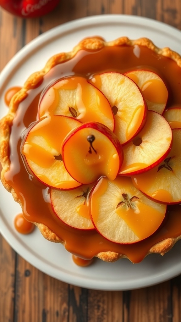 A caramel apple tart topped with apple slices and caramel sauce on a wooden table.