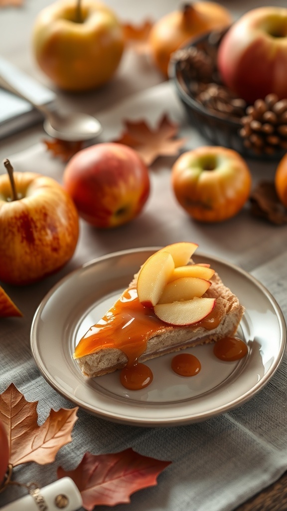 A slice of caramel apple tart topped with apple slices and caramel sauce, surrounded by apples and autumn leaves.