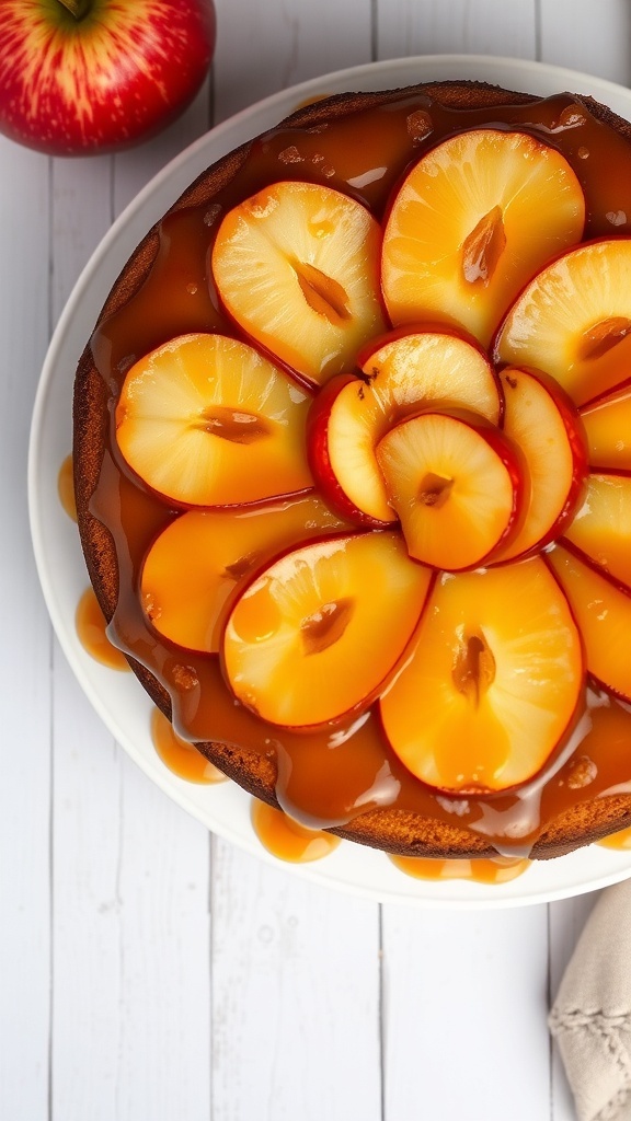 Caramel Apple Upside-Down Cake topped with apple slices and caramel sauce