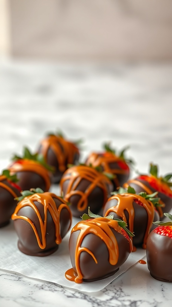 Caramel drizzled chocolate covered strawberries arranged on a marble surface.