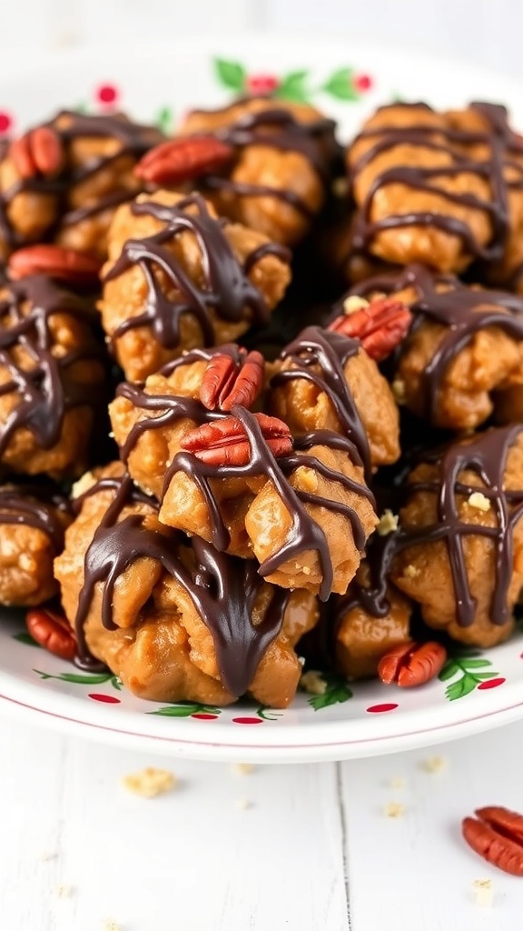 A plate of Caramel Pecan Turtle Clusters drizzled with chocolate and topped with pecans.