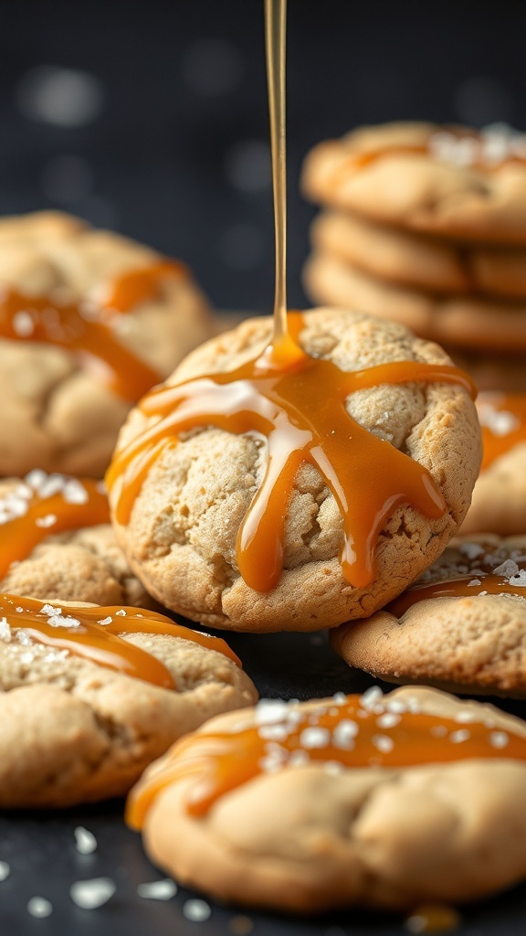 Delicious caramel sea salt cookies drizzled with caramel and sprinkled with sea salt.