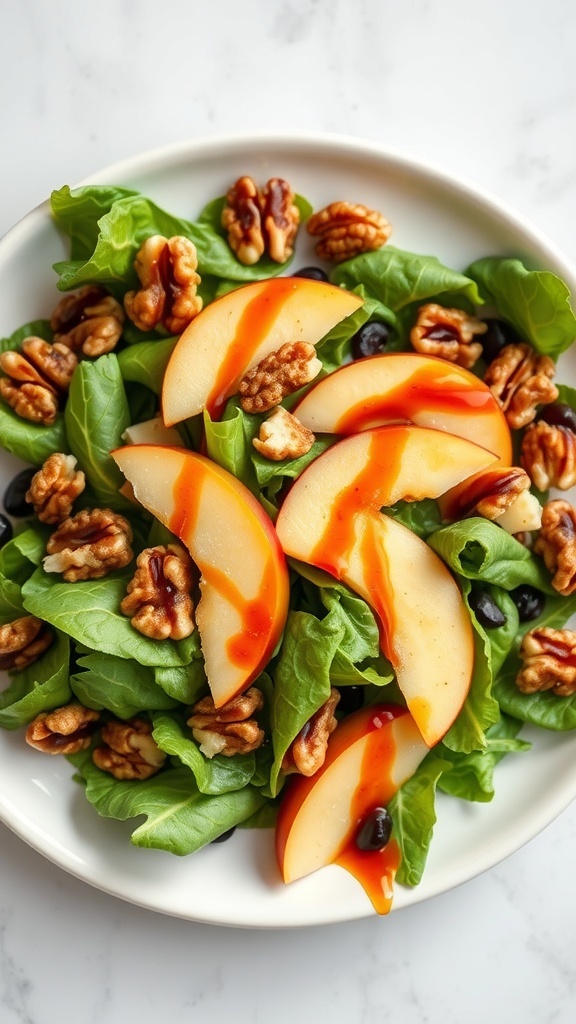 A fresh salad with caramelized apples, walnuts, and greens drizzled with caramel sauce.