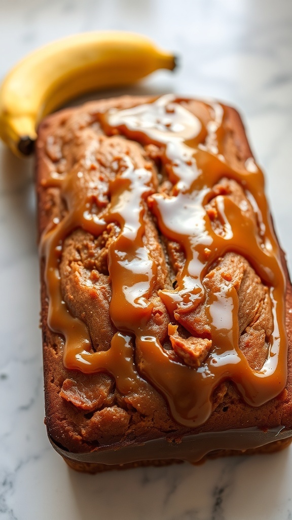A loaf of caramelized banana bread drizzled with caramel sauce, next to a ripe banana.