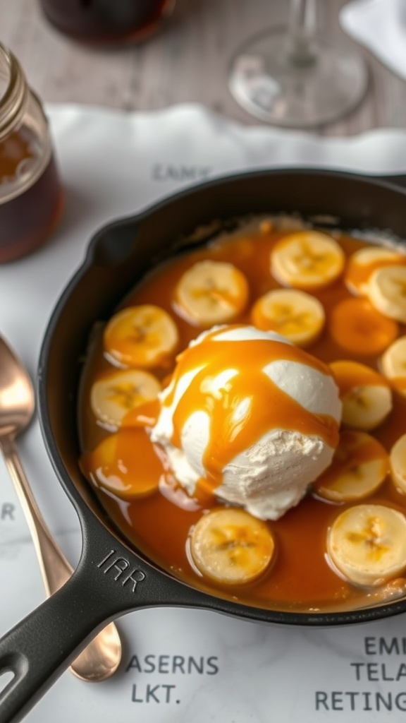 A skillet with caramelized bananas and vanilla ice cream drizzled with caramel sauce.