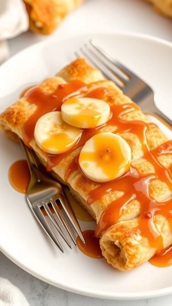 Caramelized banana puff pastry rolls drizzled with caramel sauce on a plate.