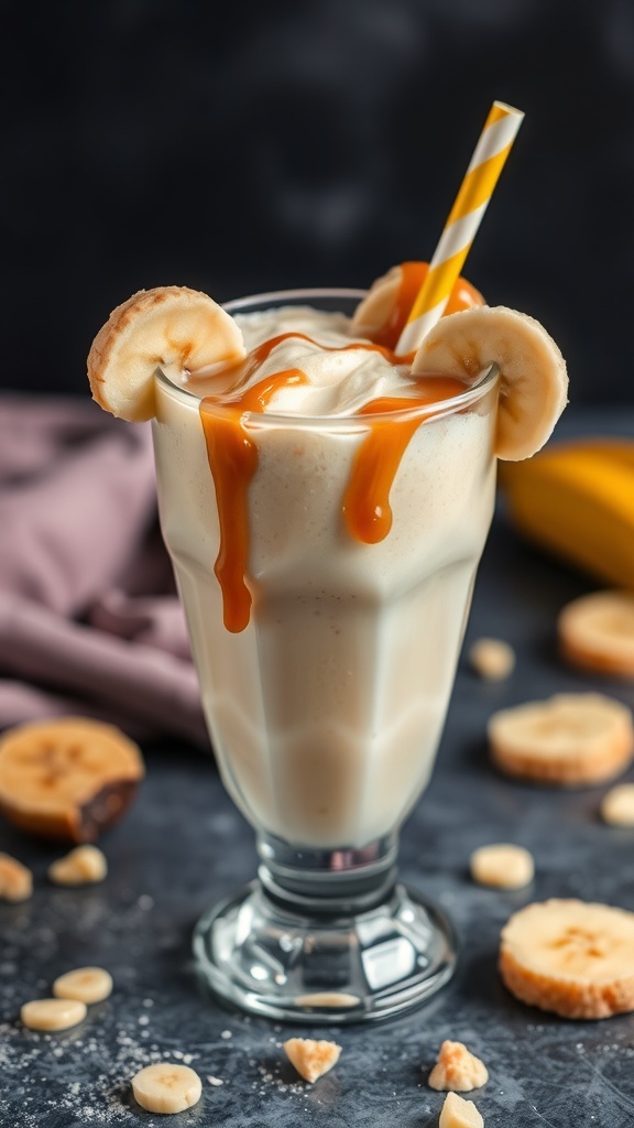 A glass of caramelized banana smoothie topped with banana slices and caramel drizzle