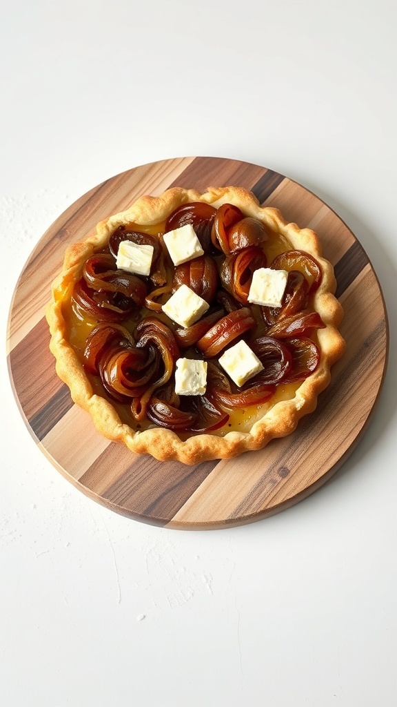 A caramelized onion and goat cheese tart on a wooden serving board.