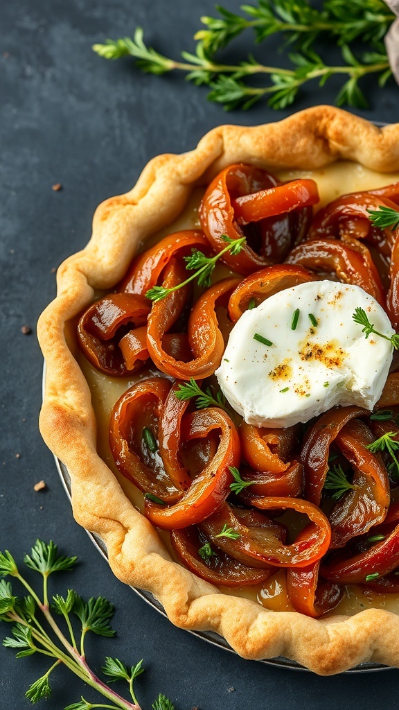 A delicious caramelized onion and goat cheese tart garnished with fresh herbs.
