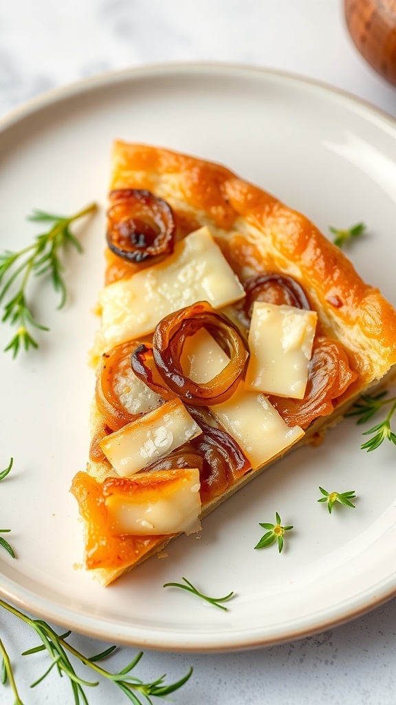 A slice of caramelized onion and Gruyere tart on a plate, garnished with fresh herbs.