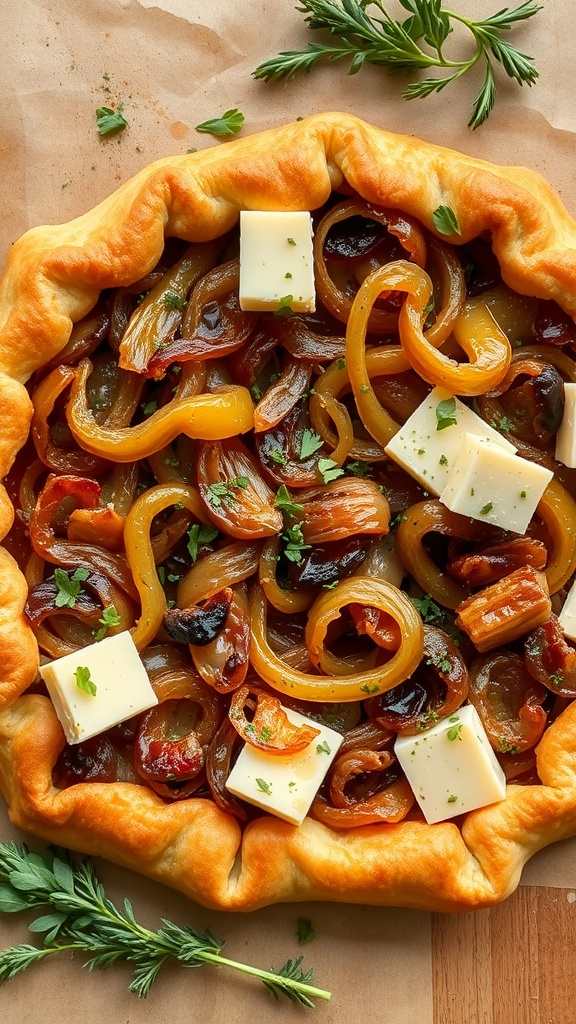 A delicious caramelized onion and Gruyere tart with a golden crust and fresh herbs
