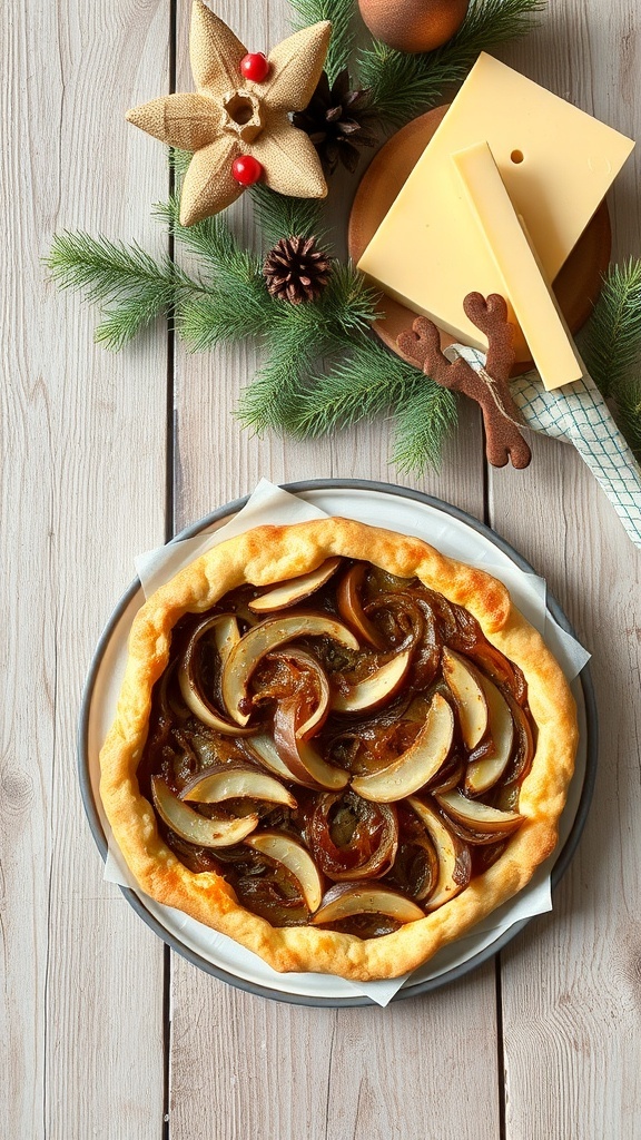 A delicious caramelized onion and Gruyere tart on a festive table setting.