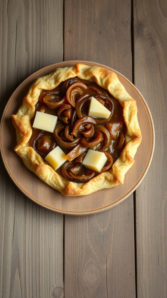Caramelized onion and Gruyère tart on a wooden plate