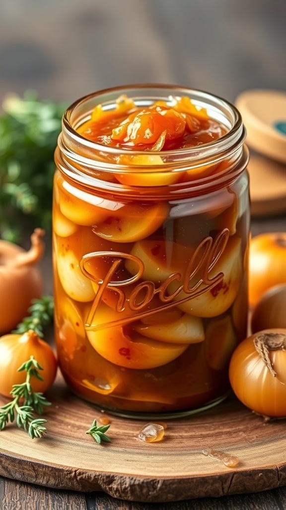A jar of caramelized onion jam with fresh onions in the background.