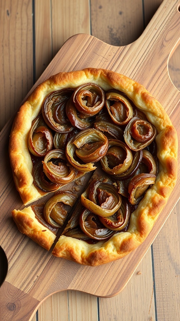 A delicious caramelized onion tart on a wooden cutting board, sliced and ready to serve.