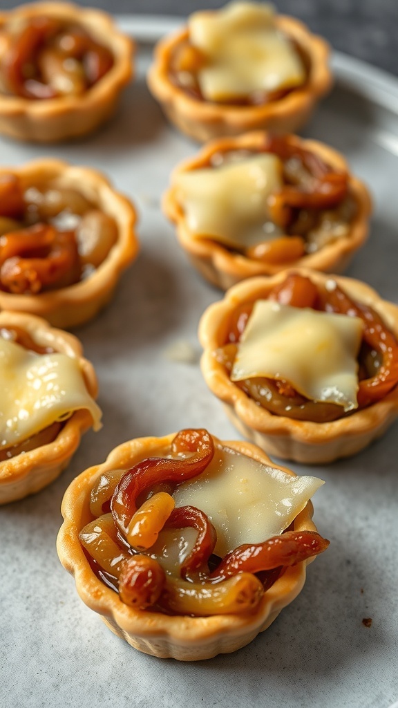 Delicious caramelized onion tartlets with cheese on a serving platter.