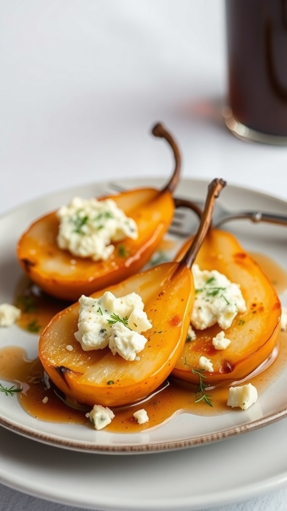 Caramelized pears topped with Gorgonzola cheese on a plate