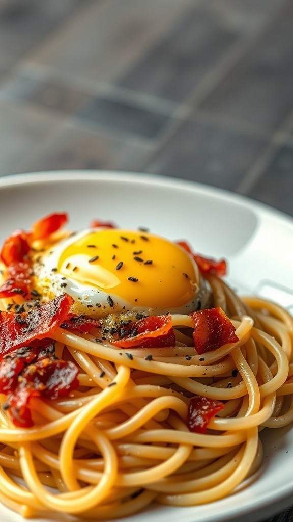 A plate of spaghetti carbonara topped with a runny egg yolk and crispy pancetta.