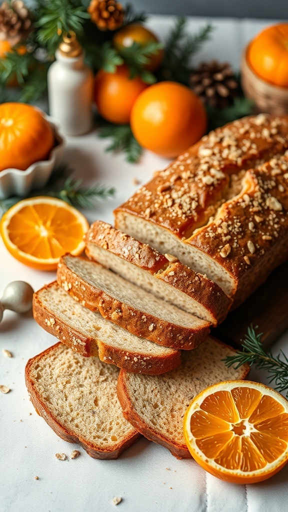 A loaf of cardamom orange bread sliced, surrounded by fresh oranges and pinecones.