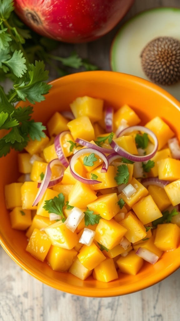 A colorful bowl of Caribbean Mango Salad with diced mango, red onion, and cilantro.