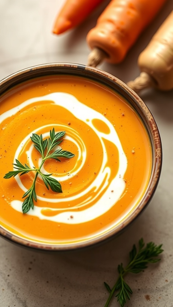 A bowl of carrot and ginger soup with a swirl of cream and fresh herbs on top, surrounded by fresh carrots.