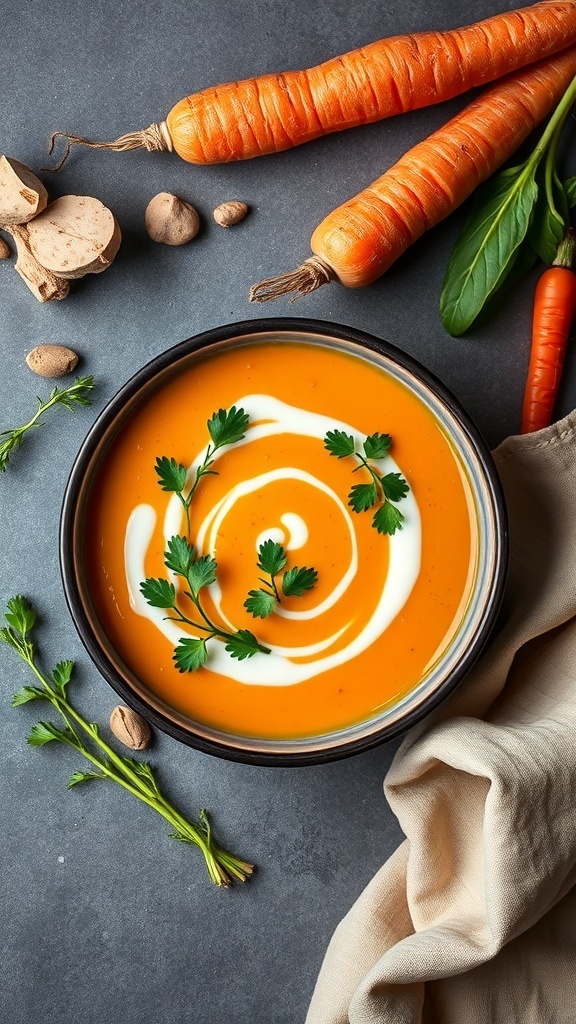 A bowl of carrot and ginger soup garnished with cream and herbs, surrounded by fresh carrots and spices.