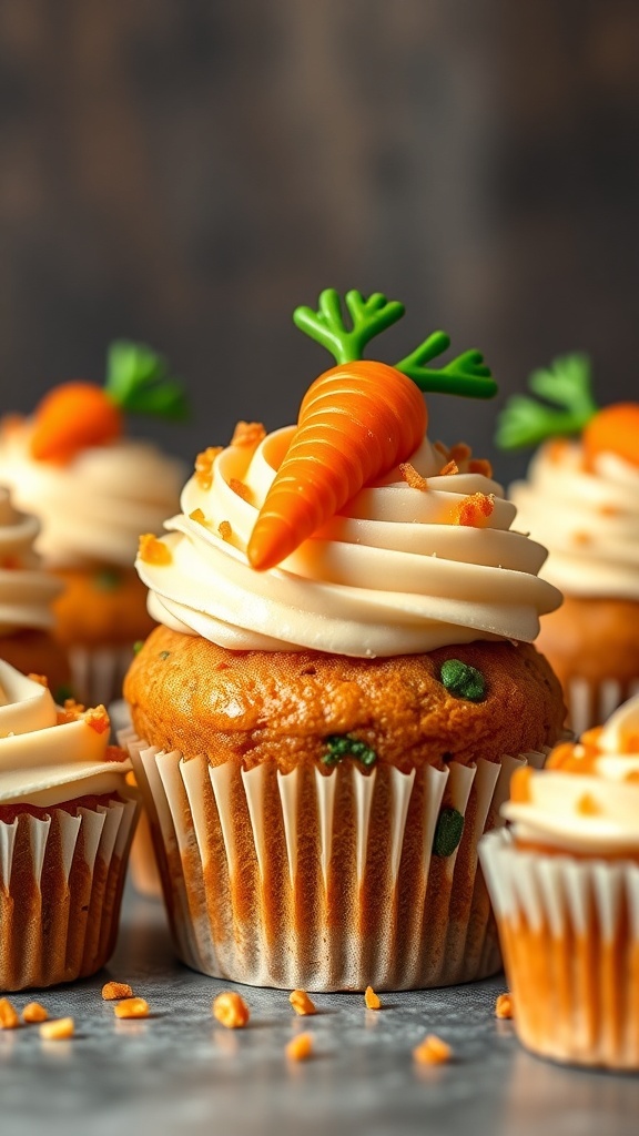 Delicious carrot cake cupcake with cream cheese frosting and a small carrot decoration on top.