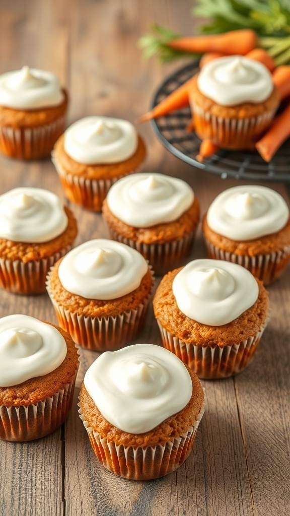 Delicious carrot cake muffins topped with cream cheese frosting, placed on a wooden table with fresh carrots in the background.