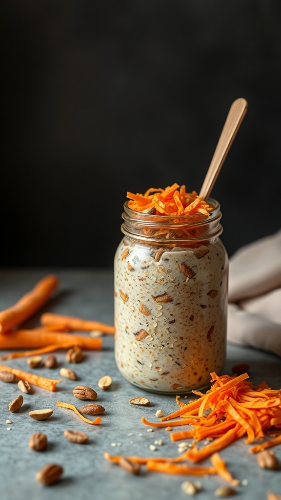 A jar of carrot cake overnight oats topped with shredded carrots and nuts, surrounded by carrot shavings and nuts on a table.