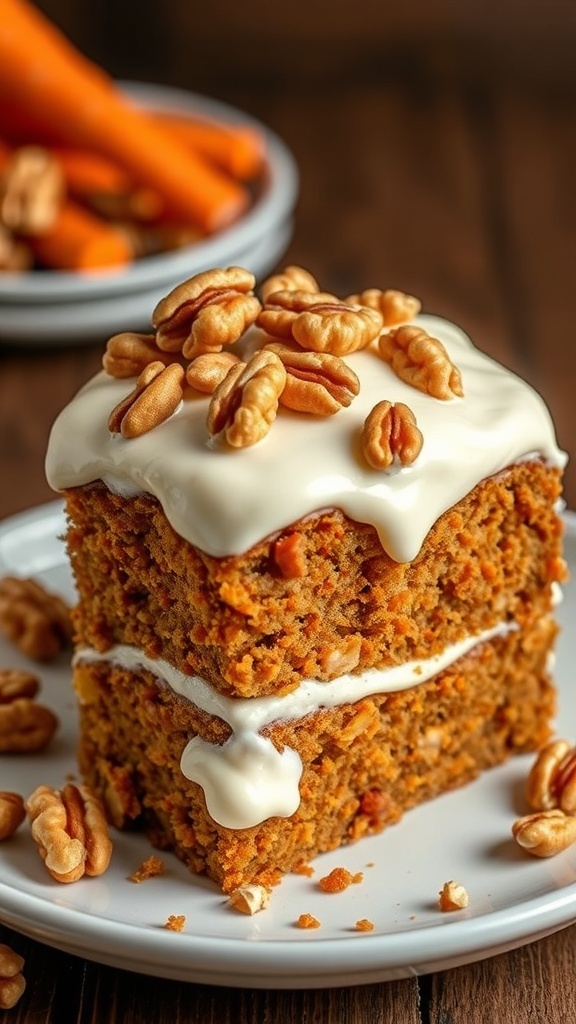 A delicious carrot cake topped with cream cheese frosting and walnuts.
