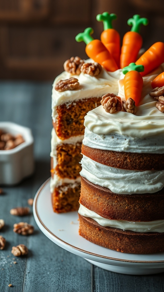 A layered carrot cake with cream cheese frosting, topped with decorative carrots and walnuts.