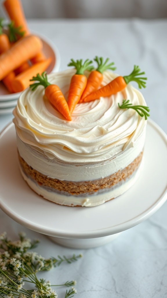 A beautifully decorated carrot cake with cream cheese frosting and decorative carrots on top.