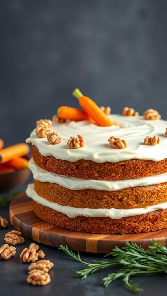 A beautifully layered carrot cake topped with cream cheese icing, walnuts, and decorative carrots.