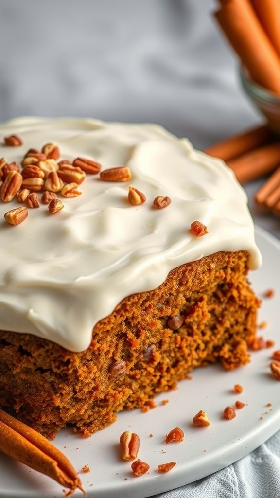 A slice of carrot cake topped with cream cheese frosting and nuts, with cinnamon sticks in the background.