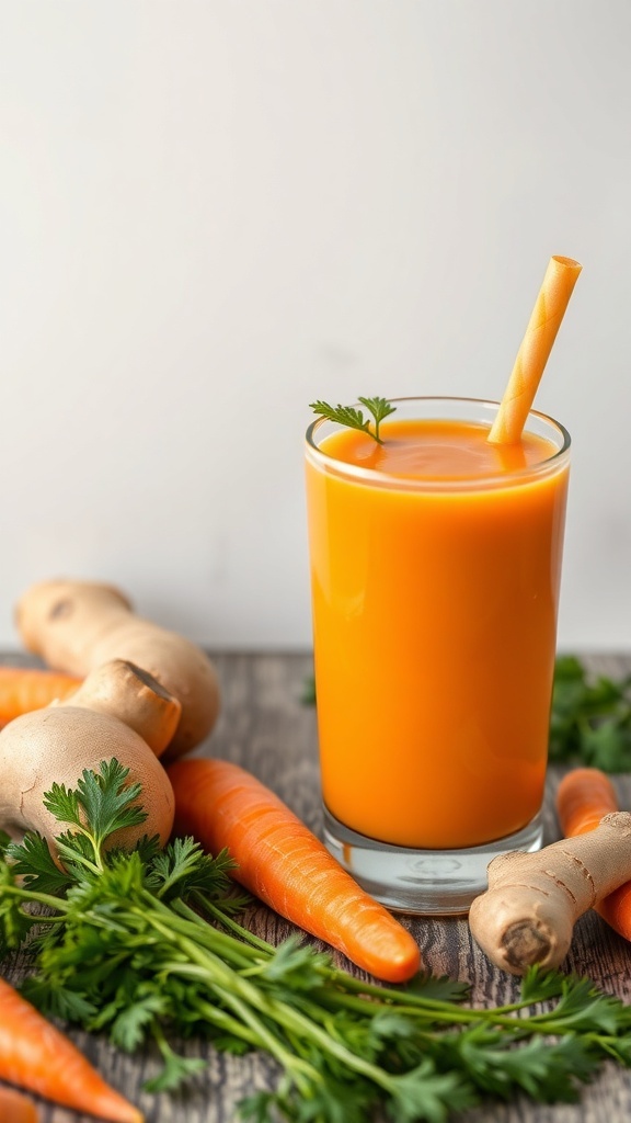 A glass of Carrot Ginger Smoothie surrounded by fresh carrots and ginger.