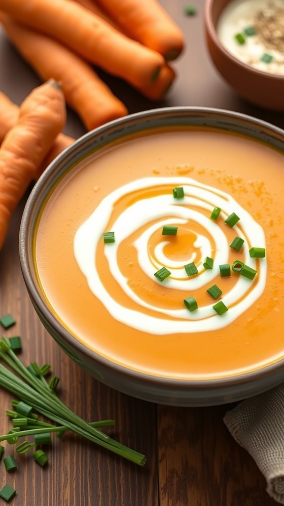 A bowl of carrot ginger soup with a swirl of cream and chopped chives, surrounded by fresh carrots.