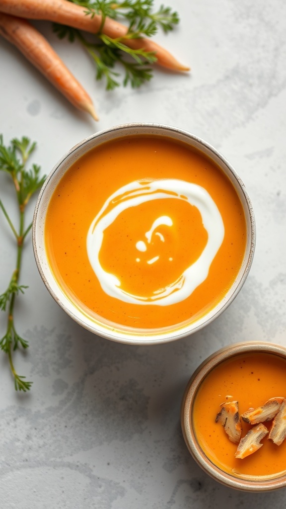 A bowl of carrot ginger soup topped with a swirl of cream, surrounded by fresh carrots and herbs.