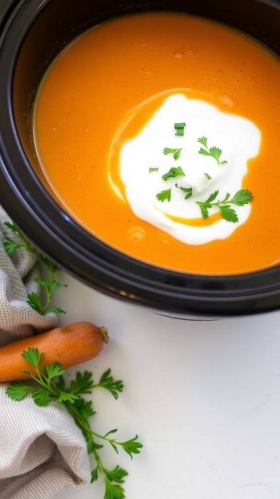 A bowl of carrot ginger soup topped with cream and herbs, with a carrot and herbs beside it.
