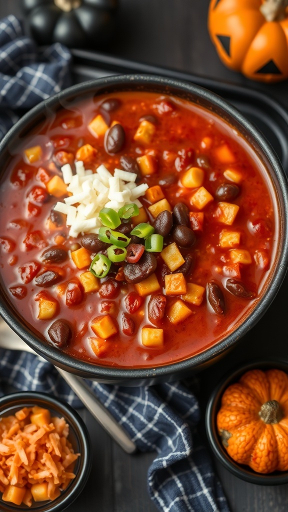 A cauldron filled with chili, decorated with Halloween-themed designs, alongside a small pumpkin.