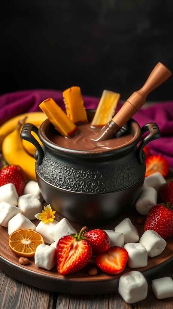 A cauldron filled with chocolate fondue surrounded by strawberries, bananas, and marshmallows.