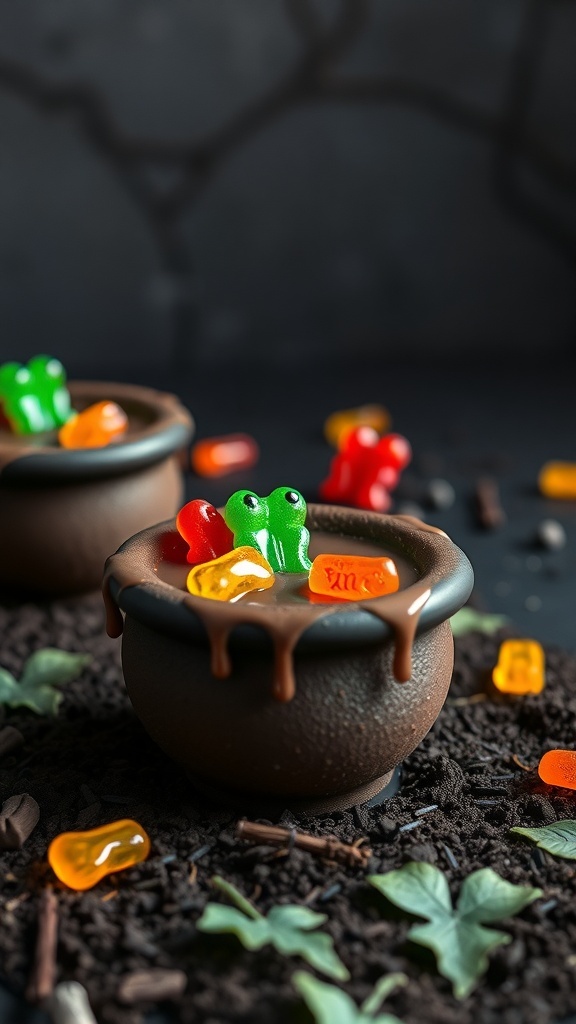 Halloween dirt cups in cauldron shape with gummy candies and crushed cookies