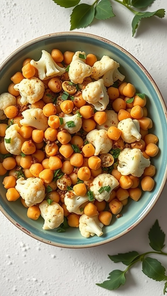 A bowl of cauliflower and chickpea salad with herbs