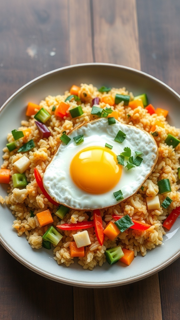 A plate of cauliflower fried rice topped with a fried egg, featuring colorful vegetables.