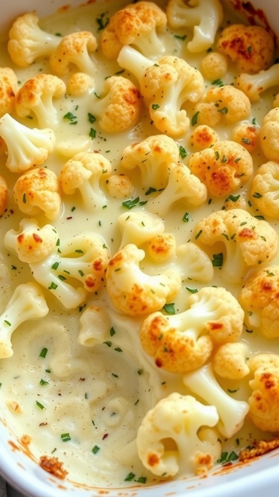 A creamy cauliflower gratin with golden crust and fresh parsley on top.