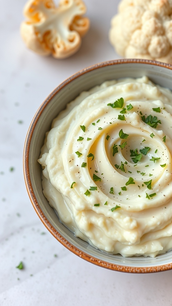 A bowl of creamy cauliflower mash with garlic, garnished with parsley and a piece of cauliflower in the background.