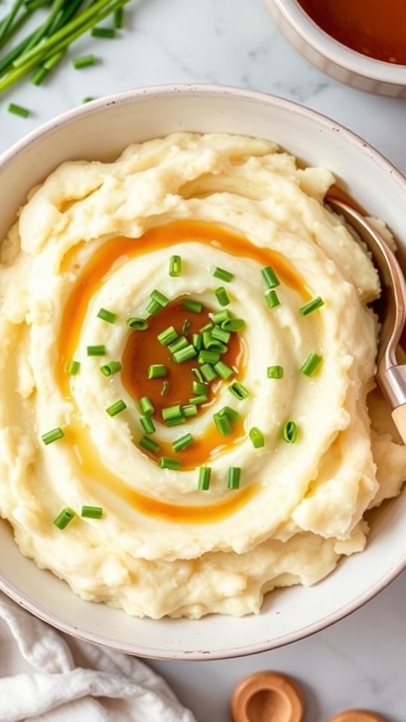 A bowl of creamy cauliflower mashed potatoes topped with gravy and chives.