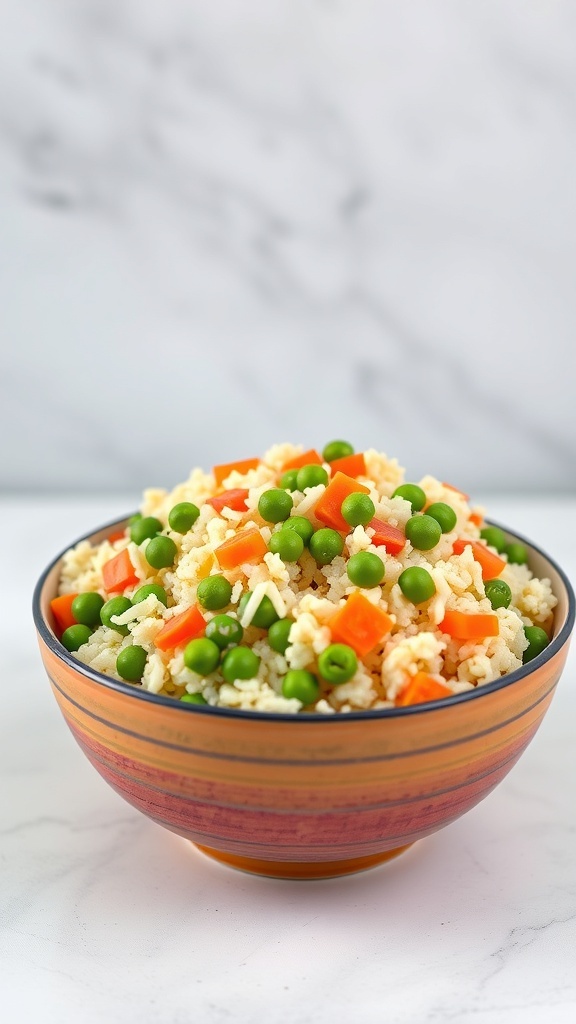 A bowl of colorful cauliflower rice pilaf with peas and carrots.