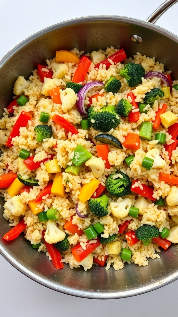 A colorful stir-fry with cauliflower rice, bell peppers, broccoli, and onions in a large pan.