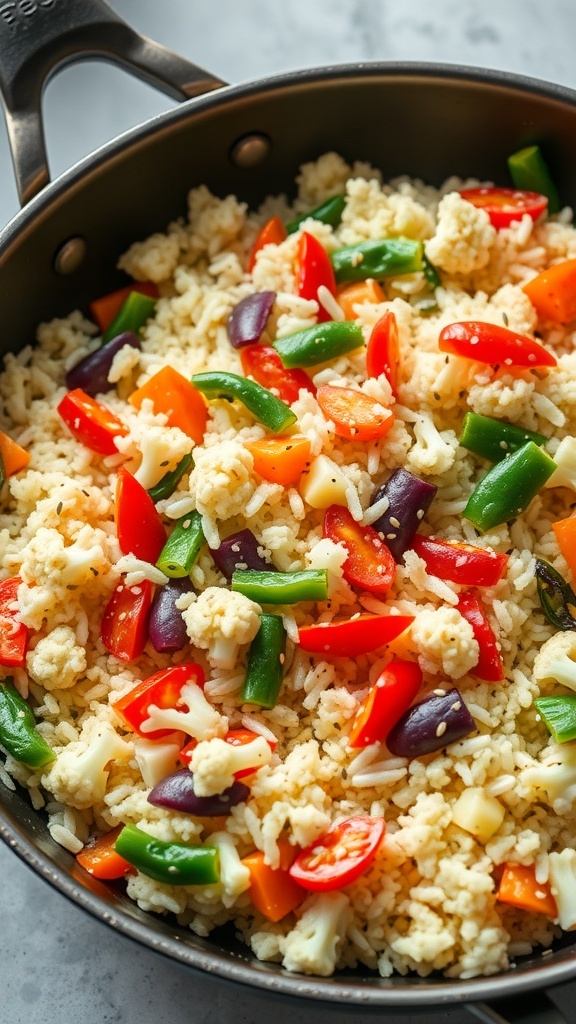 A colorful stir-fry with cauliflower rice, bell peppers, and green beans in a skillet.
