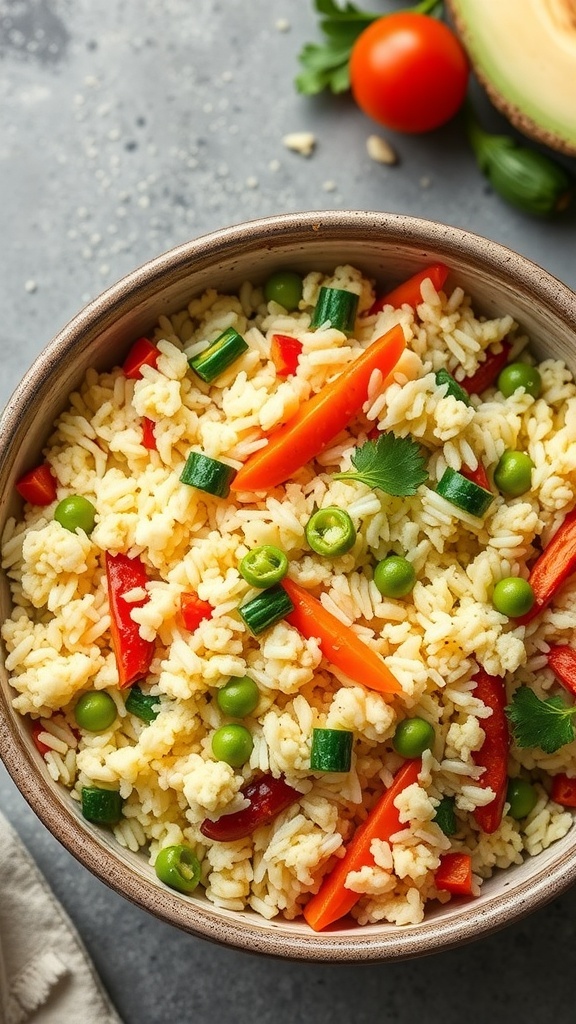 A bowl of colorful cauliflower rice stir-fry with bell peppers, green peas, and green onions.
